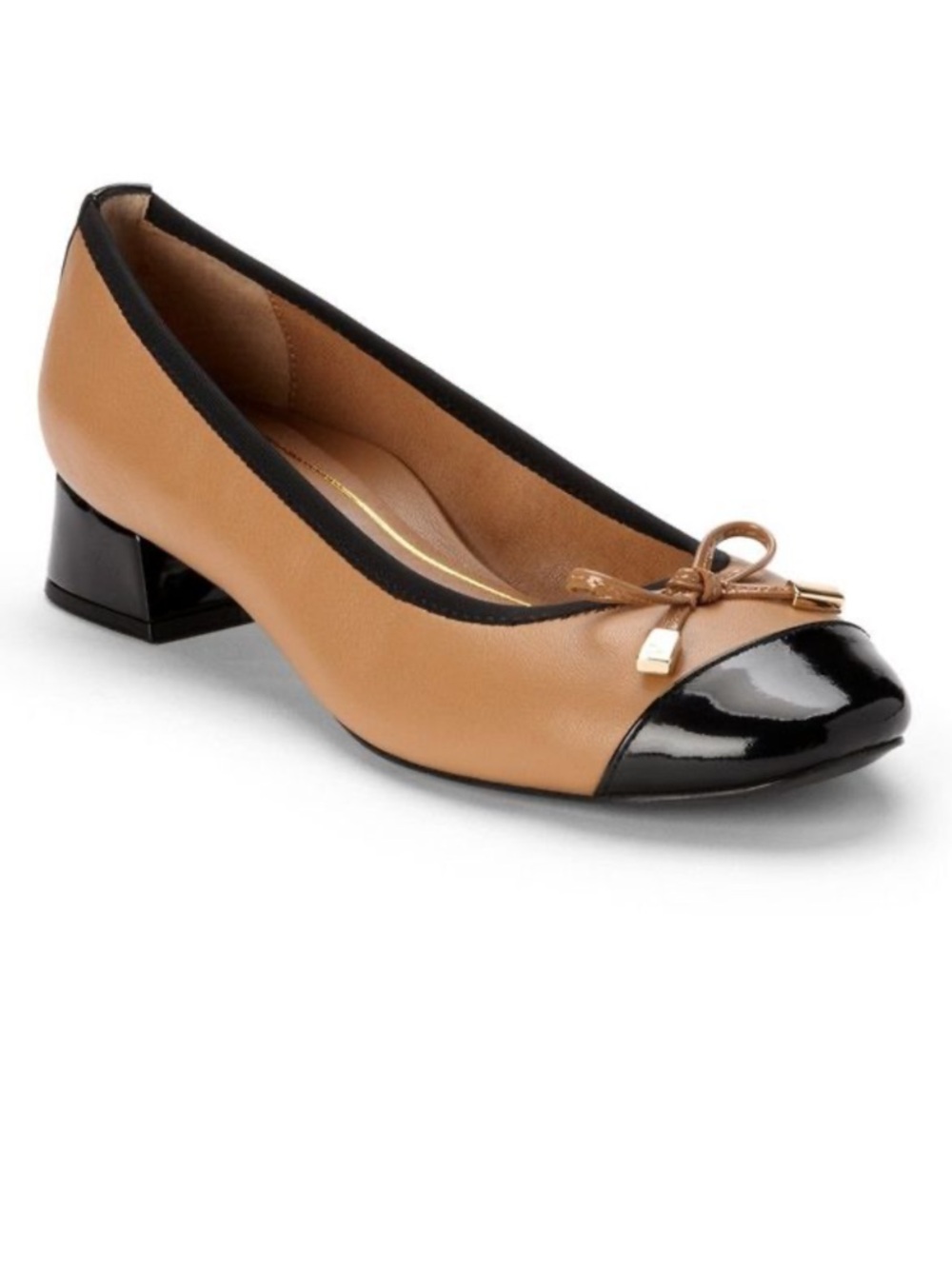 Vionic Daphne Cap-Toe Ballet Block Heel Flats Preppy Tan Black 8.5